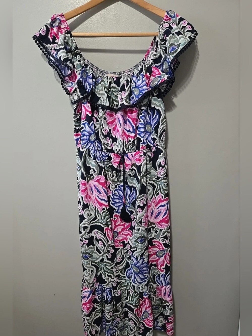 Loft Off-Shoulder Floral Maxi Dress in Pink and Blue  Elastic Empire Waist Sz. S